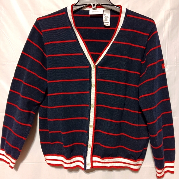 Liz Golf EUC Women's V-neck Cardigan, Large, Navy with Red Stripes White Accents - Picture 1 of 9